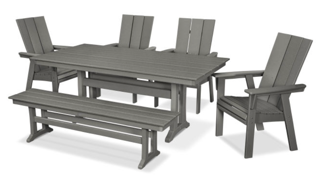 POLYWOOD® Modern Curveback Adirondack 6-Piece Farmhouse Dining Set with Trestle Legs and Bench