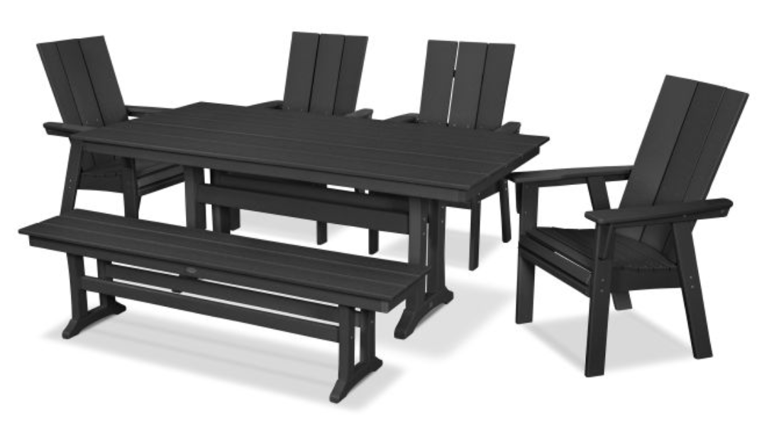 POLYWOOD® Modern Curveback Adirondack 6-Piece Farmhouse Dining Set with Trestle Legs and Bench