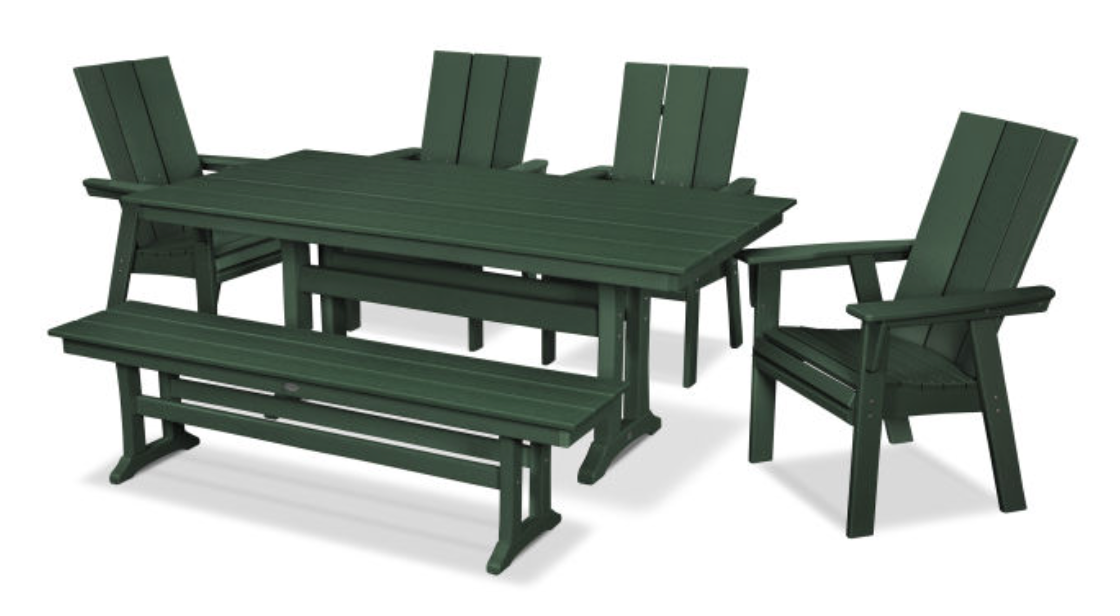 POLYWOOD® Modern Curveback Adirondack 6-Piece Farmhouse Dining Set with Trestle Legs and Bench